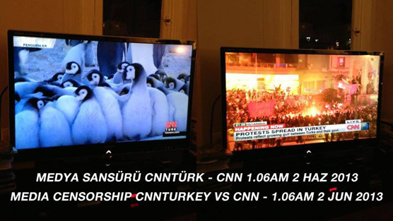 Right: CNN International covering the protests Left: CNN Turkey airing a three parts documentary on Penguins.  Same time.  http://www.democracynow.org/2013/6/3/a_turkish_spring_over_1_000