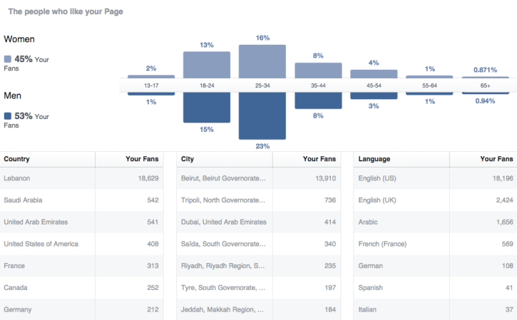 Recent statistics of the page. Note: 'Language' means the language users use Facebook in. Our page is in Arabic with many posts getting translated into English.